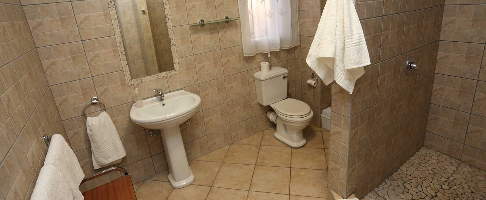 En-suite bathroom with shower, basin and toilet at Grünau Chalets
