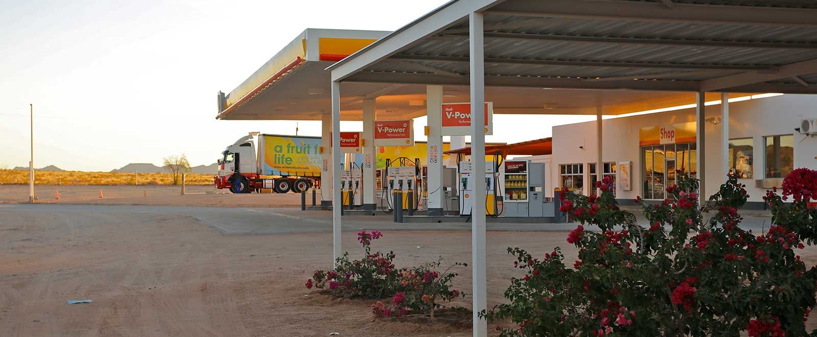 The Shell fuel station in Grünau at sunset, next to the chalets